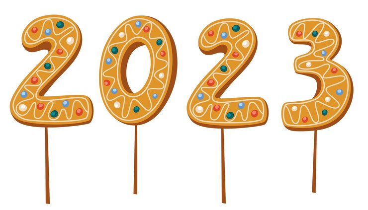 Vector números de galleta de jengibre en palos con frase 2023 galleta dulce en mensaje de año nuevo dulces de navidad ilustraciones vectoriales dibujadas a mano aisladas en el fondo blanco