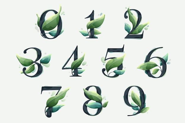 Números con hojas verdes en estilo acuarela vector claro Serif sans fuente para emblema de lujo