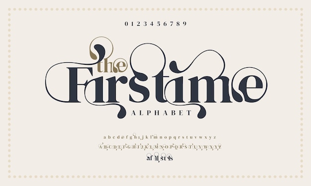 Números y letras del alfabeto elegantes de lujo de primera vez fuente clásica serif decorativa retro vintage