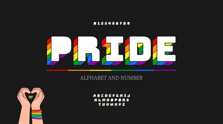 Vector números y letras del alfabeto moderno con colores del arco iris. fuente lgbt de colores de la bandera del arco iris.