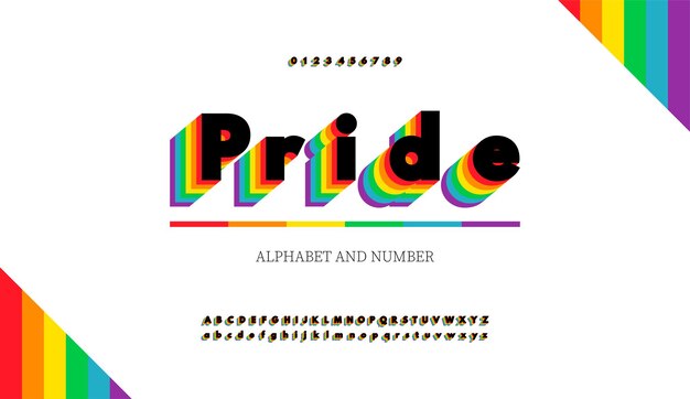 Números y letras del alfabeto moderno con colores del arco iris. Fuente LGBT de colores de la bandera del arco iris.