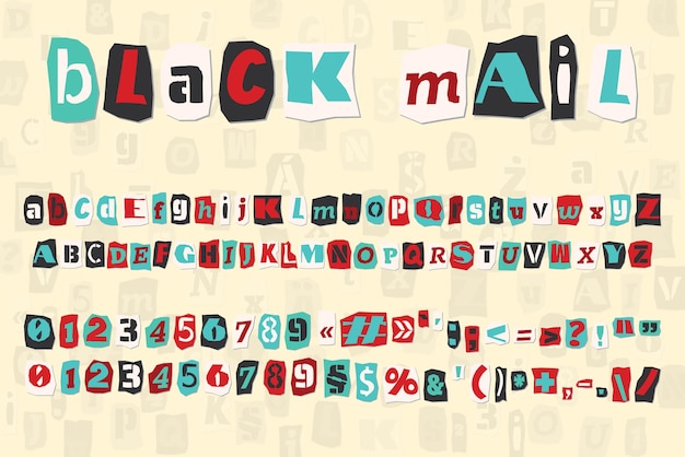 Vector números de letras de estilo collage de rescate de color y signos de puntuación cortados de periódicos y revistas colección vintage abc alfabeto punk rojo blanco negro y azul tipografía ilustración vectorial