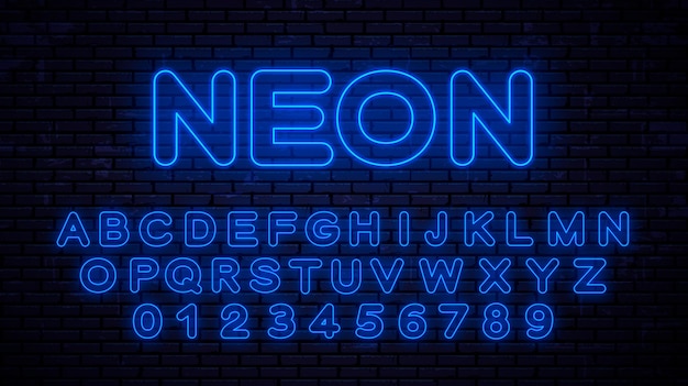 Números y letras mayúsculas azul neón. Fuente brillante en tecnología de estilo