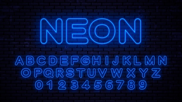 Números y letras mayúsculas azul neón. fuente brillante en tecnología de estilo