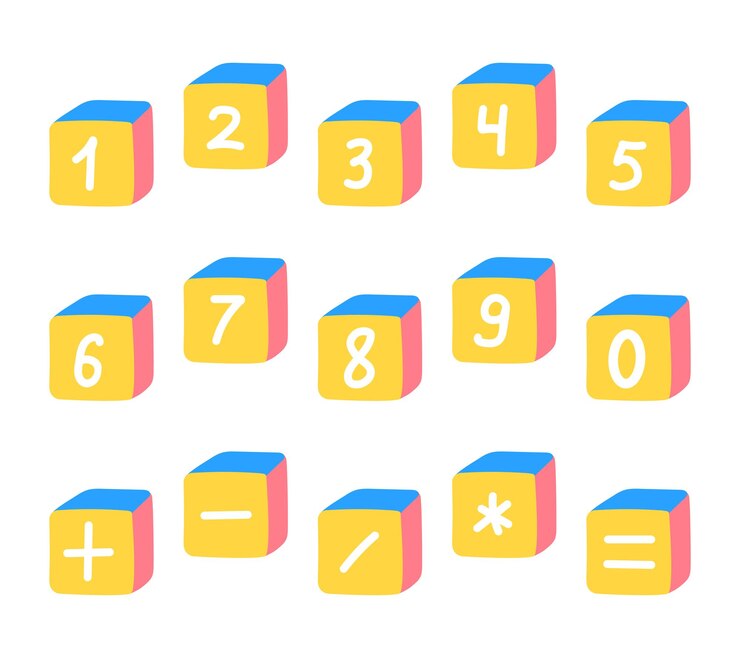Vector números de matemáticas de cubo lindo de dibujos animados 3d para niños en edad preescolar conjunto de símbolos educativos coloridos de vector