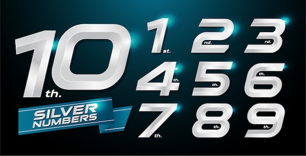 números metálicos. números de plata. 1, 2, 3, 4, 5, 6, 7, 8, 9, 10, logotipo