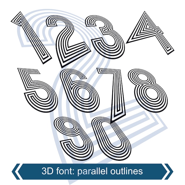 Números de movimiento dimensional, fuente geométrica de estilo retro de línea vectorial, 2