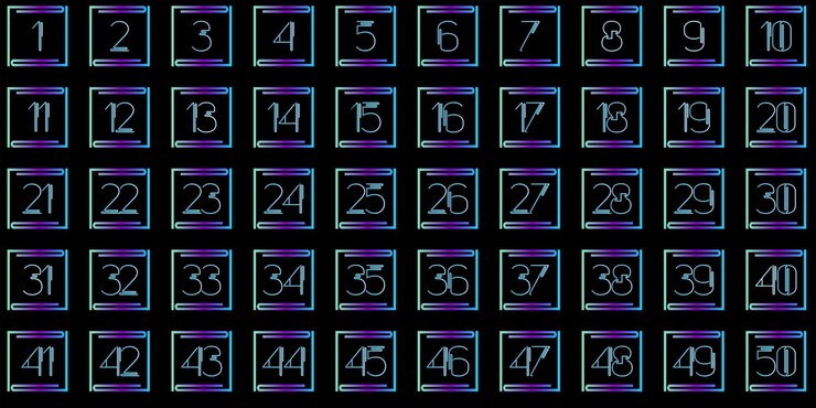 Vector números números 1 a 50 gradaciones cuadradas azules púrpuras negras