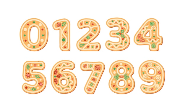 Vector números o figuras de galleta o pan de jengibre números del uno al diez fuente de letras