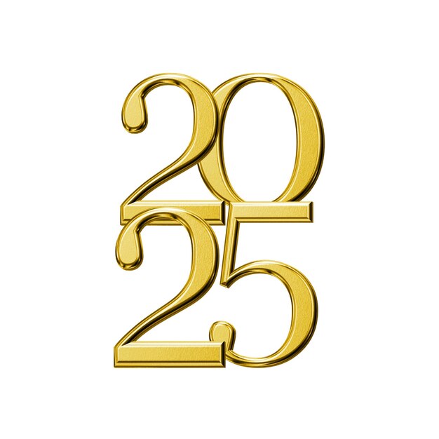 Números de oro 2025 en renderización 3D para temas modernos de Año Nuevo con fondo transparente