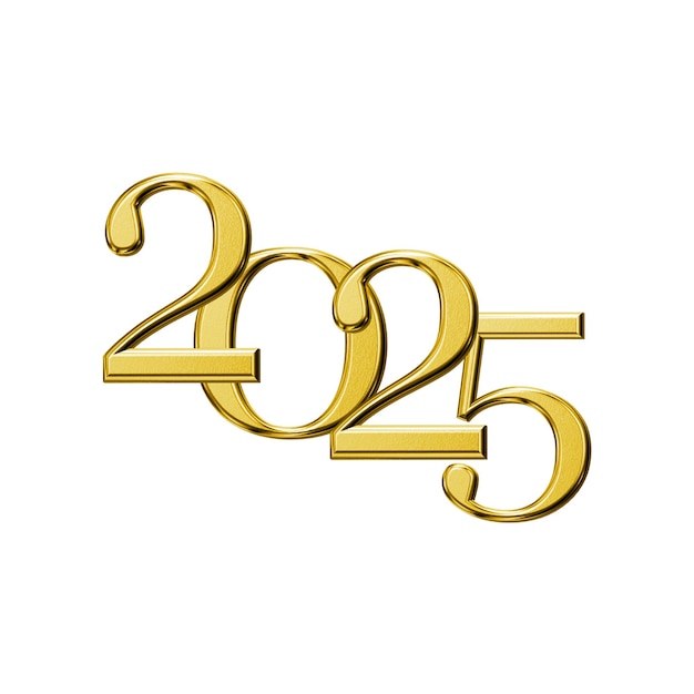 Números de oro 2025 en renderización 3D para temas modernos de Año Nuevo con fondo transparente