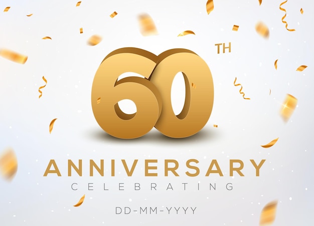 Números de oro de 60 aniversario con confeti dorado. Celebración del 60 aniversario