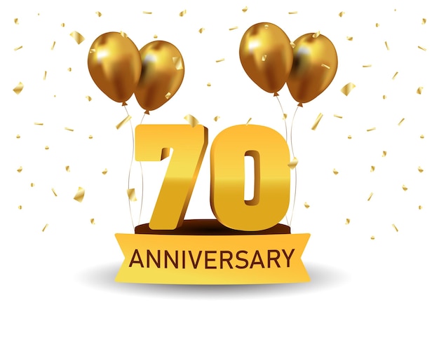 Números de oro de 70 aniversario con confeti dorado Plantilla de fiesta de evento de aniversario de celebración