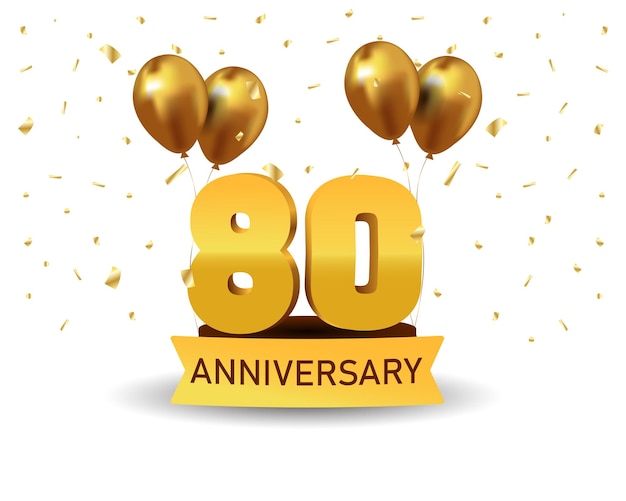 Números de oro de 80 aniversario con confeti dorado Plantilla de fiesta de evento de aniversario de celebración