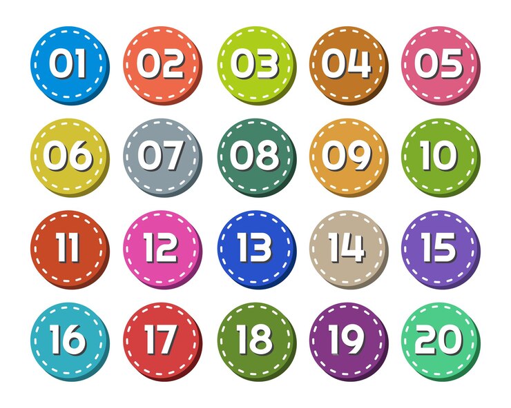 Vector números planos de botones coloridos. de uno a veinte. fondo blanco.