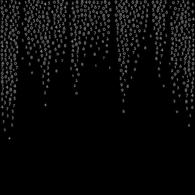 Números que caen, concepto de big data. Dígitos voladores blancos binarios. Excelente banner futurista sobre fondo negro. Ilustración de vector digital con números cayendo.