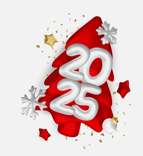 Números rojos realistas y confeti festivo en un fondo claro ilustración vectorial de vacaciones feliz nuevo