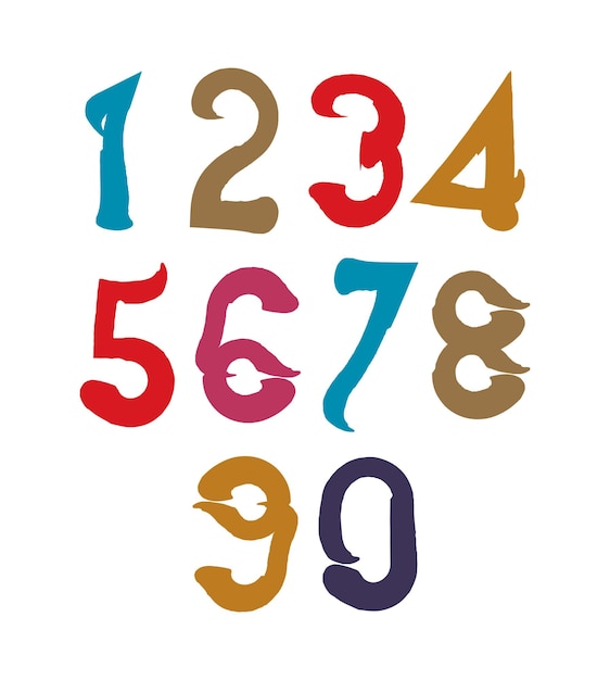Números de serif vectoriales coloridos escritos a mano, números elegantes dibujados con pincel de tinta.