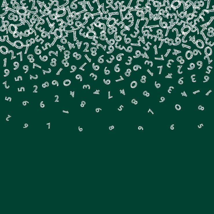 Vector números de tiza de dibujo que caen. concepto de estudio de matemáticas con dígitos voladores. majestuoso banner de matemáticas de regreso a la escuela sobre fondo de pizarra. ilustración de vector de números cayendo.