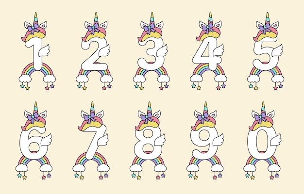 Números de unicornio Números con elementos de Unicornio para el concepto de aniversario de cumpleaños