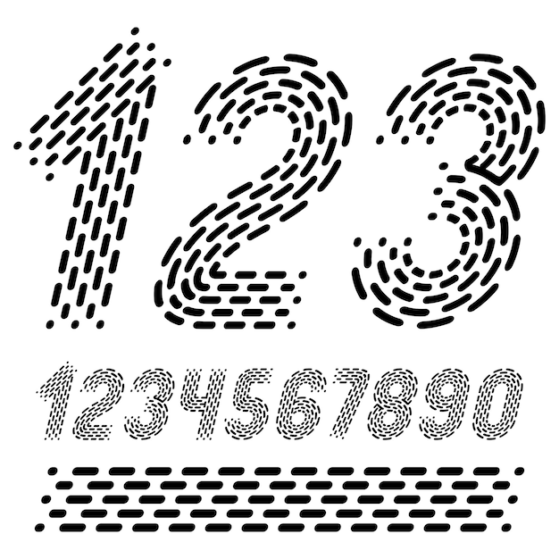 Números vectoriales, conjunto de números modernos. La numeración retro cursiva en negrita redondeada de 0 a 9 se puede utilizar para la creación de logotipos. Hecho con trazos rítmicos y líneas discontinuas.