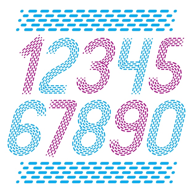 Números vectoriales, conjunto de números modernos. La numeración retro cursiva en negrita redondeada de 0 a 9 se puede utilizar para la creación de logotipos, prensa. Creado usando guiones, líneas paralelas.
