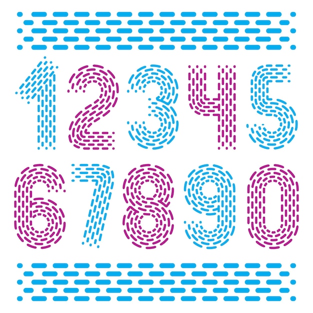 Números vectoriales, conjunto de números modernos. La numeración retro en negrita redondeada de 0 a 9 se puede utilizar para la creación de logotipos. Creado usando guiones, líneas paralelas.
