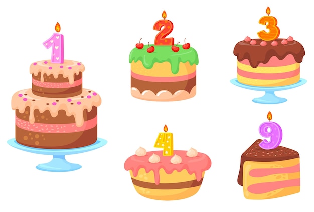 Números de velas de pastel Pasteles de cumpleaños con velas de celebración coloridos deliciosos postres de crema decoración de fiestas navideñas felicitaciones niños lindos dibujos animados vector aseado