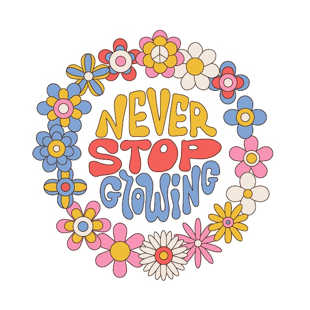 Nunca dejes de hacer crecer la cita de letras ilustración retro con texto y lindas flores en estilo ss round