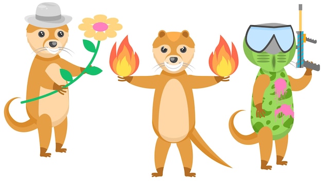 Nutrias con flor y sombrero, jugando al paintball, con fuego en cada mano Elementos de estilo de diseño vectorial
