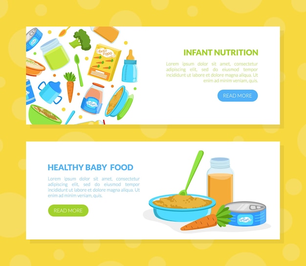 Nutrición para bebés Alimentos saludables para bebés Plantillas de página de aterrizaje Conjunto de primera comida orgánica para niños pequeños Ilustración vectorial