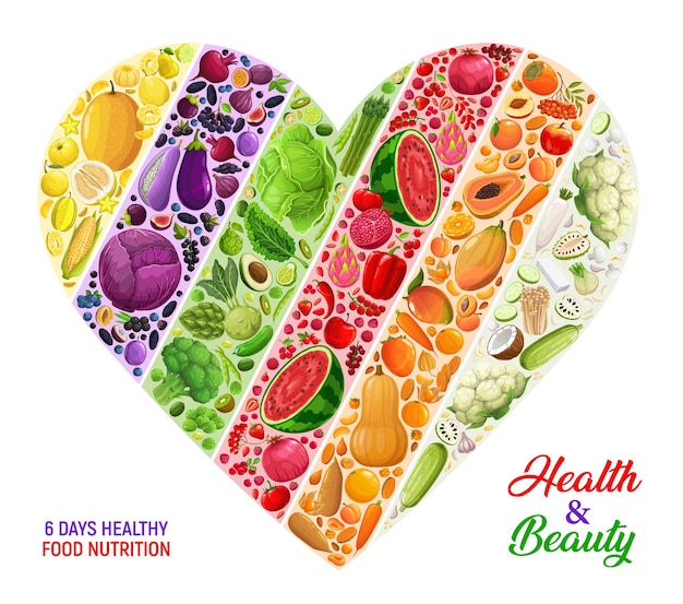 Vector nutrición de dieta de color, forma de corazón de arco iris con frutas secas y orgánicas, verduras, nueces. diseño vectorial para programa de desintoxicación, producción de comestibles veganos, consumo de dietas para la salud y la belleza.