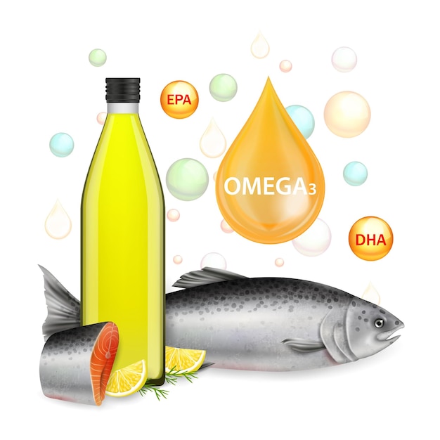 Vector nutrición omega 3 aceite de pescado vector ilustración realista
