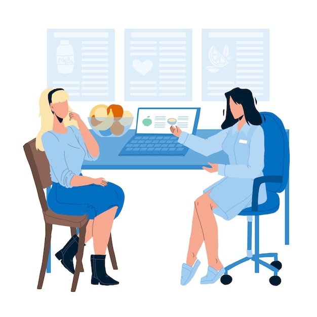 Nutricionista dando consulta al vector paciente. Nutricionista hablando de alimentos saludables con la mujer y haciendo un plan de dieta. Asesoramiento de personajes sobre la ilustración de dibujos animados planos de nutrición de atención médica