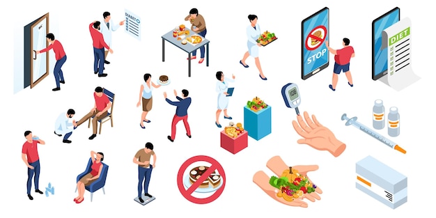 Nutricionista de diabetes isométrica con imágenes aisladas de personas con problemas de alimentos peligrosos médicos y aparatos médicos ilustración vectorial