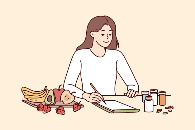 Una nutricionista hace un plan de dieta para un cliente sentado a la mesa con frutas y pastillas Una nutricionista presenta una receta para una nutrición alternativa que reemplaza el uso de la farmacología