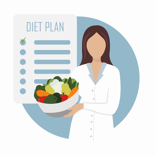 Nutricionista sin rostro de dibujos animados de vector con verduras y un plan de dieta