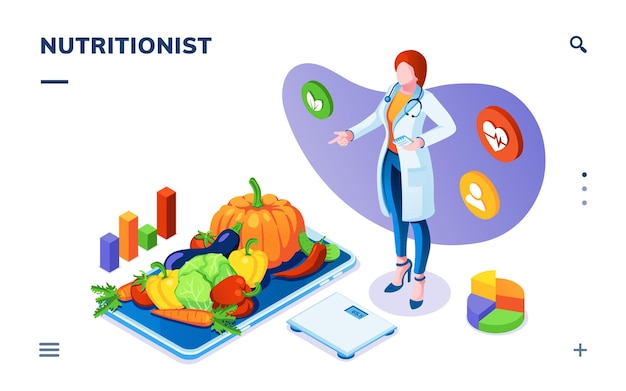 Vector nutricionista con verduras en plato y escalas