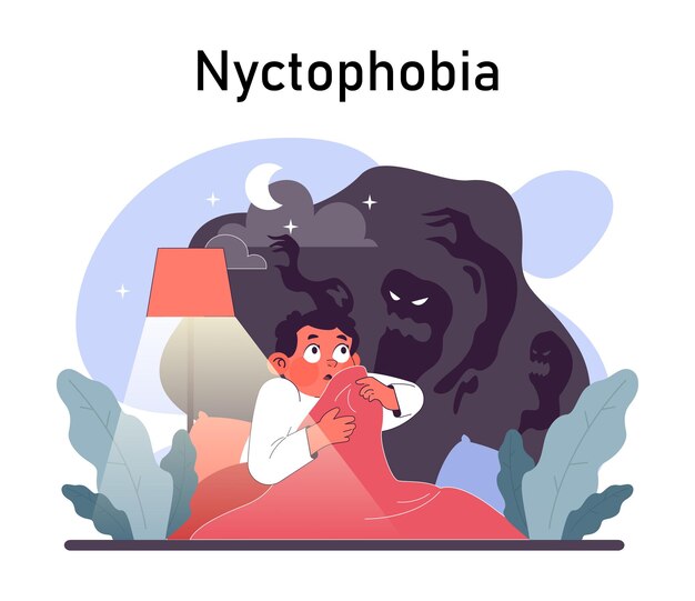 Vector nyctophobia humanos miedos internos irracionales y pánico trastorno mental sensación de amenaza y peligro
