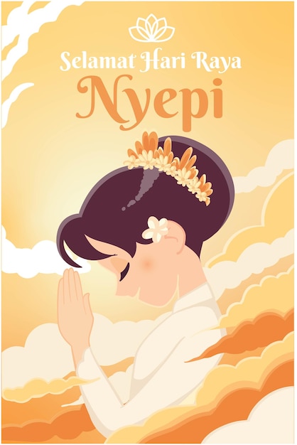 Nyepi balis día de silencio con hermosa niña hindú orando vector ilustración cartel banner