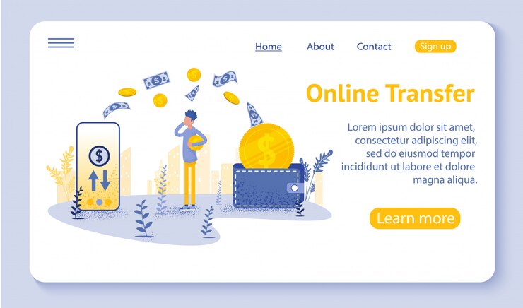 Oage de aterrizaje de transferencia en línea con el teléfono inteligente de mano y presione el botón de envío