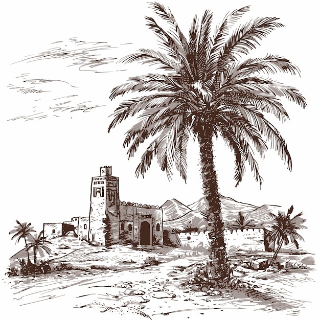 Vector oasis de árboles de palma orientados al pavo antiguo de oriente medio