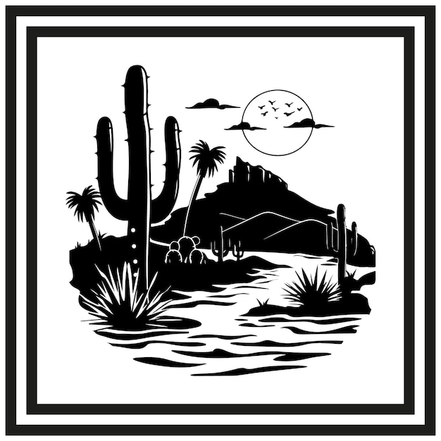 Vector oasis del desierto silueta negra clipart sobre fondo blanco