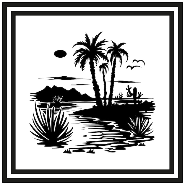 Vector oasis del desierto silueta negra clipart sobre fondo blanco