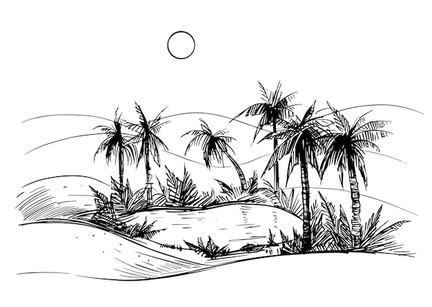 Oasis con palmeras y un lago en el desierto. ilustración de dibujo vectorial dibujado a mano