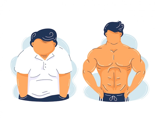 Vector obesidad gorda y fuerte aptitud muscular hombre. personaje de ilustración plana de moda. aislado en el fondo blanco. culturismo muscular crecer, antes y después del concepto