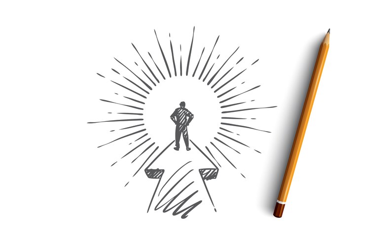 Vector objetivo, carrera, puesta en marcha, líder, concepto de empresario. dibujado a mano empresario decidido en su boceto de concepto de camino.