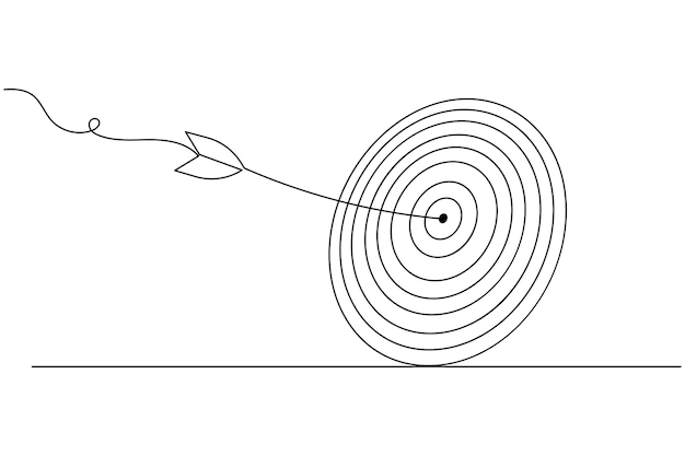 Objetivo con flecha continua dibujo de una línea y icono de negocio aislado contorno ilustración plana