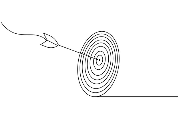Objetivo con flecha continua dibujo de una línea y icono de negocio aislado contorno ilustración plana