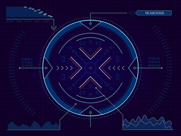 Objetivo de HUD Encuadre de interfaz de juego futurista para bloquear el enfoque del objetivo y apuntar el activo del juego de disparos de ciencia ficción para el objetivo del colimador Ilustración de interfaz de usuario de tecnología vectorial